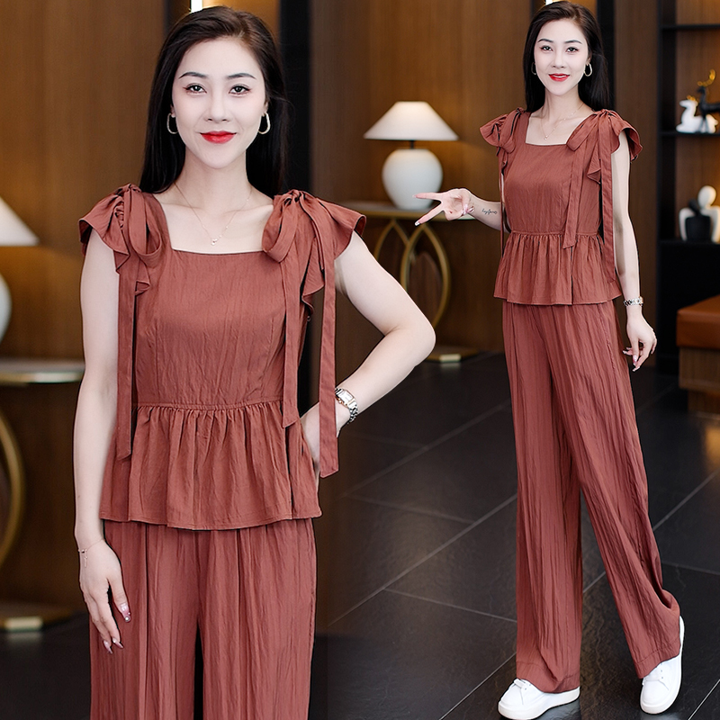 时尚阔腿裤两件套女夏季薄款2024洋气方领气质显瘦休闲时髦套装潮