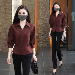 休闲翻领衬衫 开衫 女春秋新款 7分袖 衬衣上衣 小个子洋气质韩版 时尚