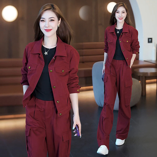 韩版 两件套女春秋新款 时尚 显瘦减龄工装 休闲短款 服套装 外套直筒裤