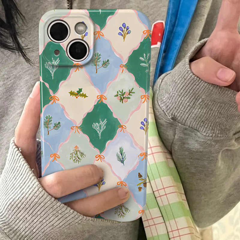 清新棋盘格子花朵小众绿色菲林全包手机壳适用苹果15nova华为p50mate60pro小米13opporenovivo荣耀80iPhone14