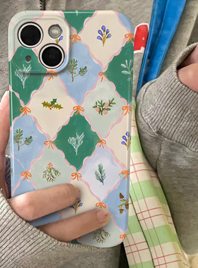 清新棋盘格子花朵小众绿色菲林全包手机壳适用苹果15nova华为p50mate60pro小米13opporenovivo荣耀80iPhone14