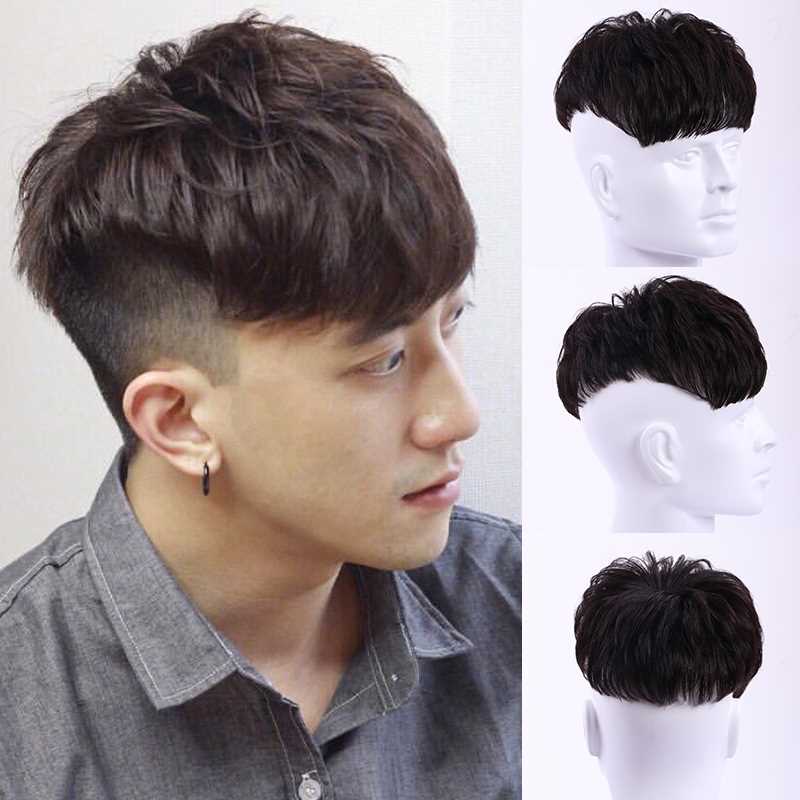 新品假发男短发头顶补发片韩版帅气真发男士时尚纹理烫发际线蓬松