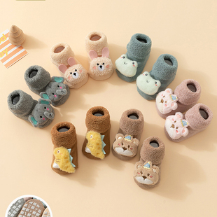 新生婴儿袜子秋冬季 袜 加绒加厚毛圈保暖中筒袜宝宝学步防滑地板鞋