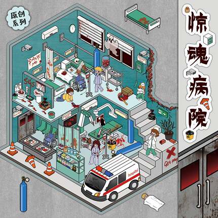 中式恐怖造景贴纸惊魂病院微缩场景手工微孔造景贴纸手账素材贴纸