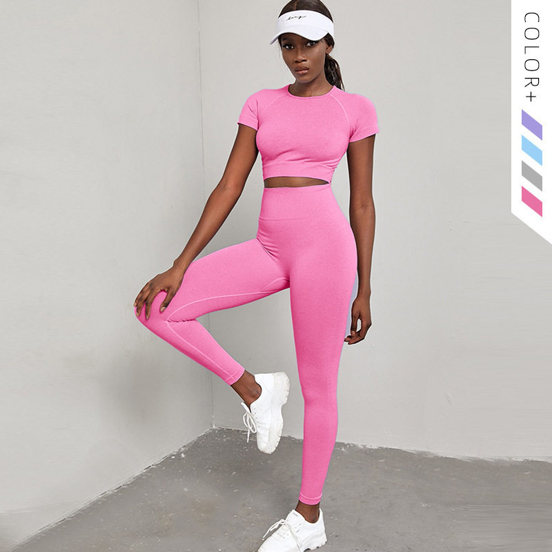 现货热销无缝瑜伽服套装女欧美新款夏季短袖健身服跑步速干