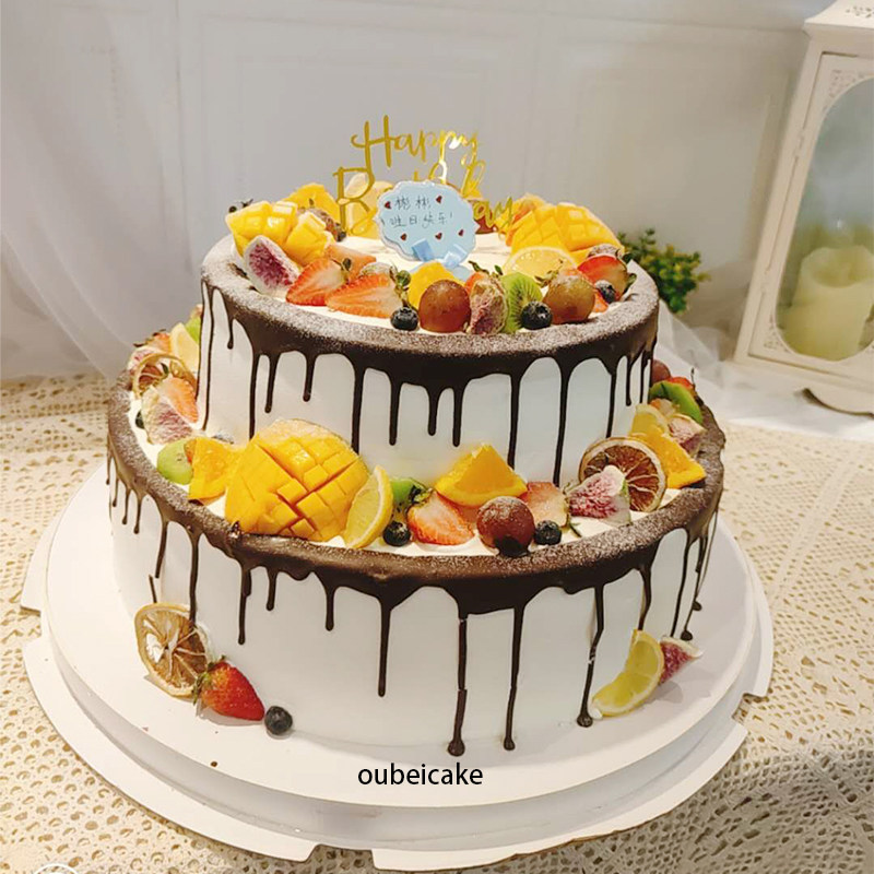 欧贝新鲜水果双层定制淡奶油公司员工生日蛋糕上海苏州同城配送