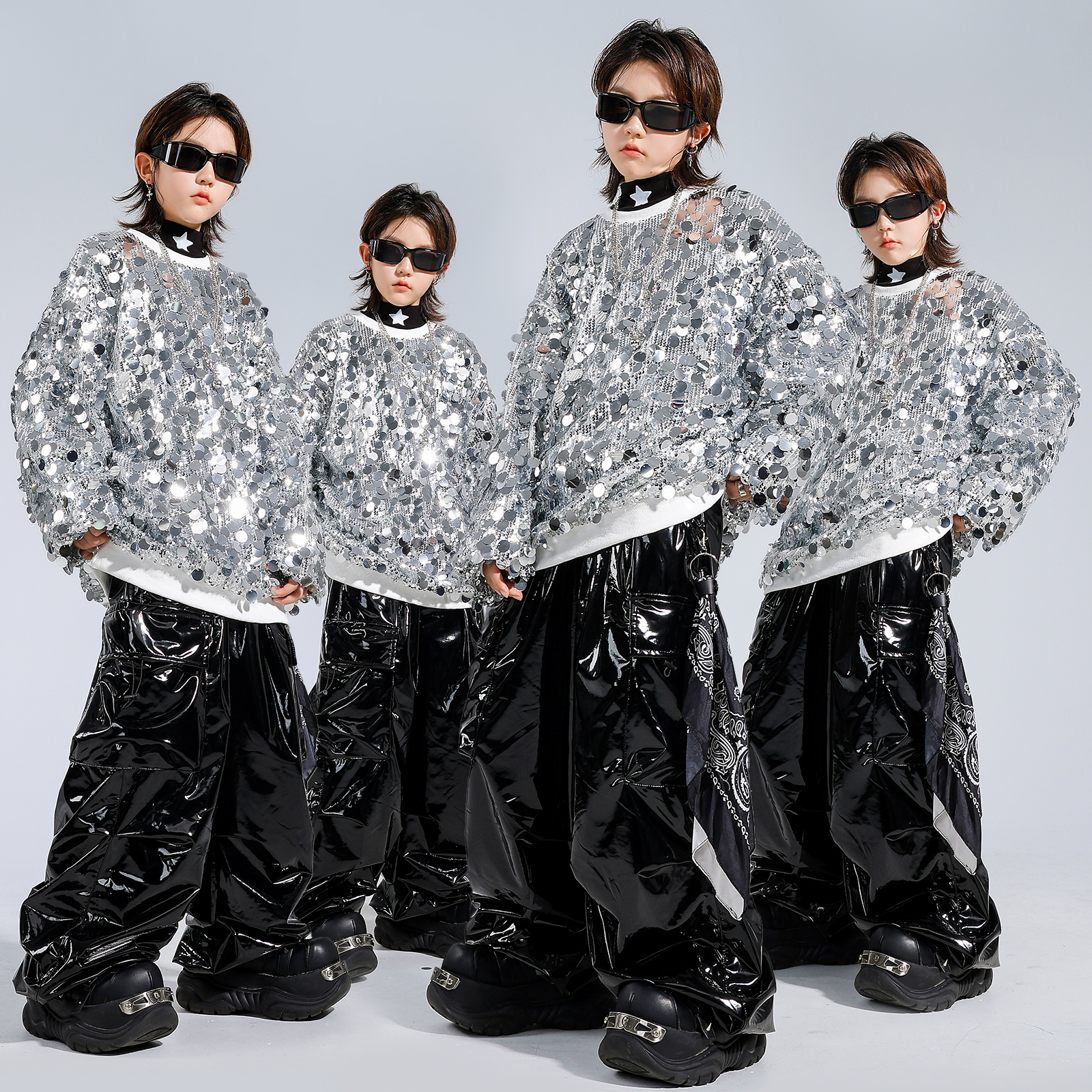 儿童街舞潮服舞台演出服亮片男女童嘻哈套装爵士舞服装少儿表演服