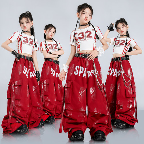 爵士舞服装女童演出服套装红色时髦工装裤少儿JAZZ街舞表演服装夏