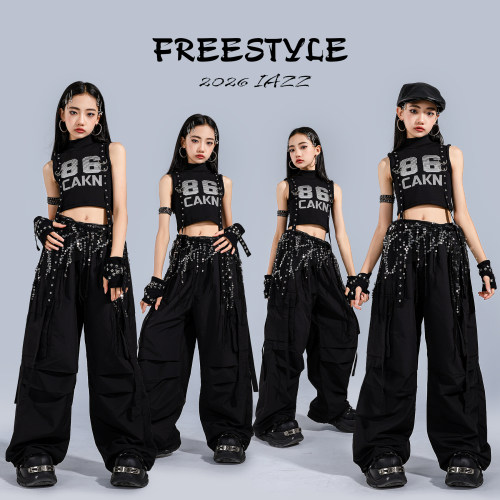 女童爵士舞服装儿童街舞潮服表演服酷帅少儿舞蹈黑色工装裤演出服