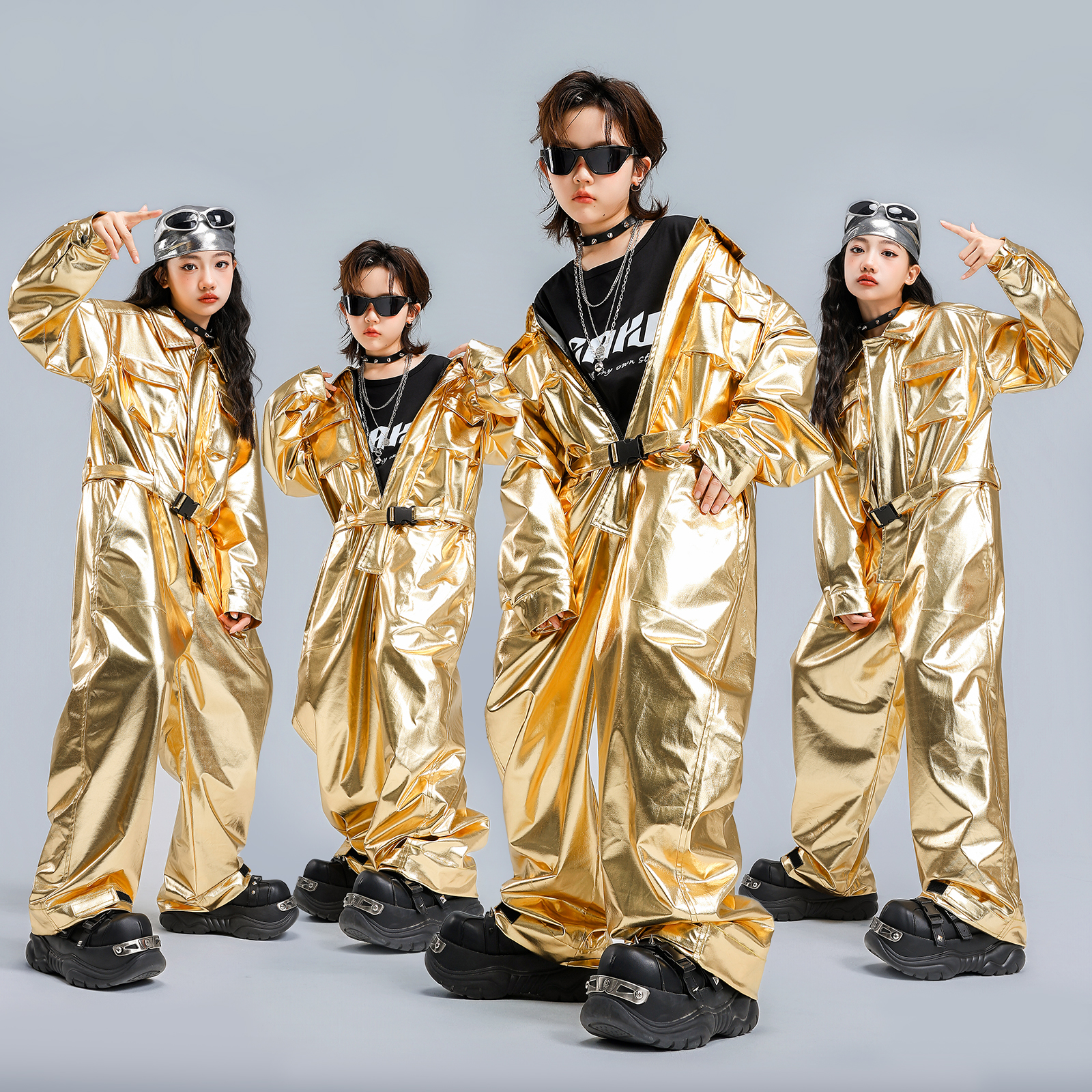 街舞儿童潮服男童女童嘻哈连体衣团体舞蹈服亮皮少儿hiphop表演服