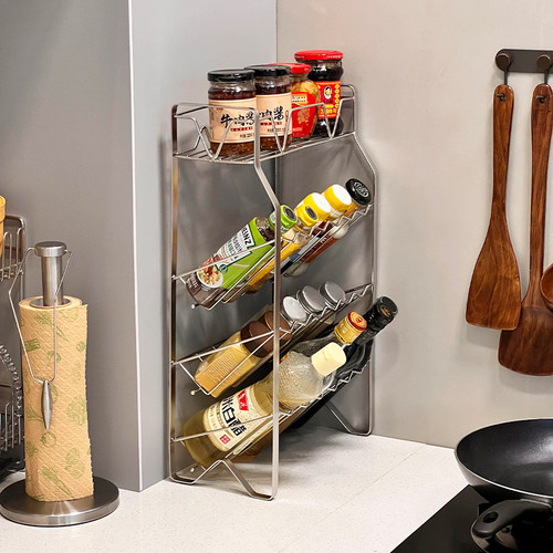 不锈钢厨房调料置物架酱油醋调味料瓶罐收纳架免安装台面储物杯架