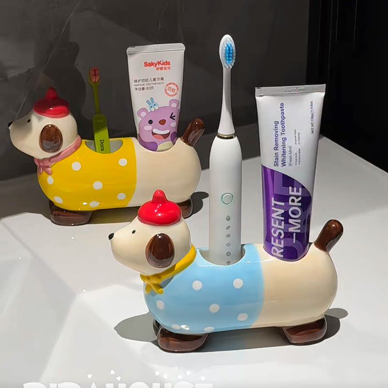 可爱腊肠狗电动牙刷架卫生间浴室台面收纳置物架漱口杯摆台式沥水