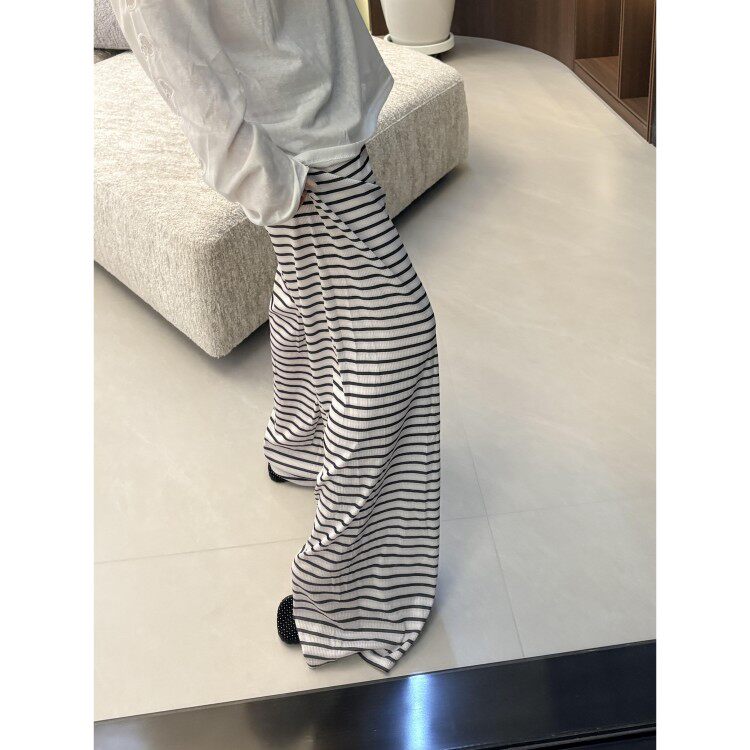 遛弯裤休闲裤子冰丝阔腿裤凉凉裤子女夏季薄款防蚊裤条纹家居睡裤