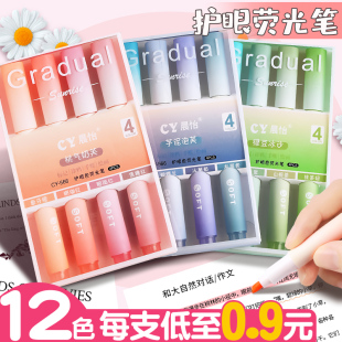 12支荧光笔荧光标记笔学生用彩色莹光笔画重点做笔记 小神器淡色系大容量手账专用笔双头记号笔粗划重点彩笔