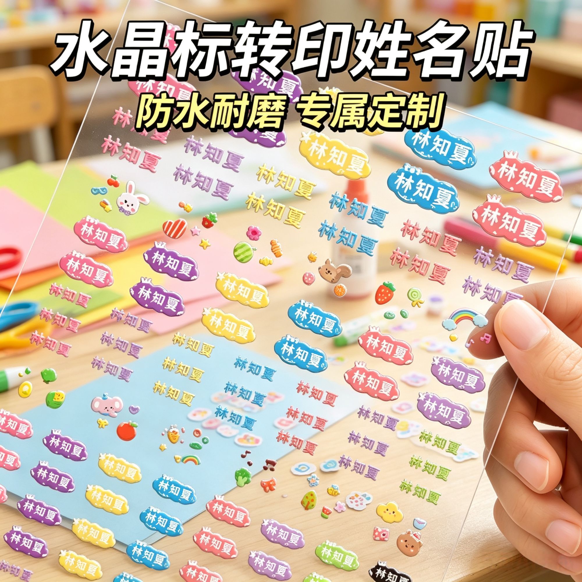 幼儿园名字贴卡通撕膜留字转印贴纸定制一年级小学生专用铅笔水杯标签贴儿童宝宝姓名贴防水防撕浮雕水晶标图片