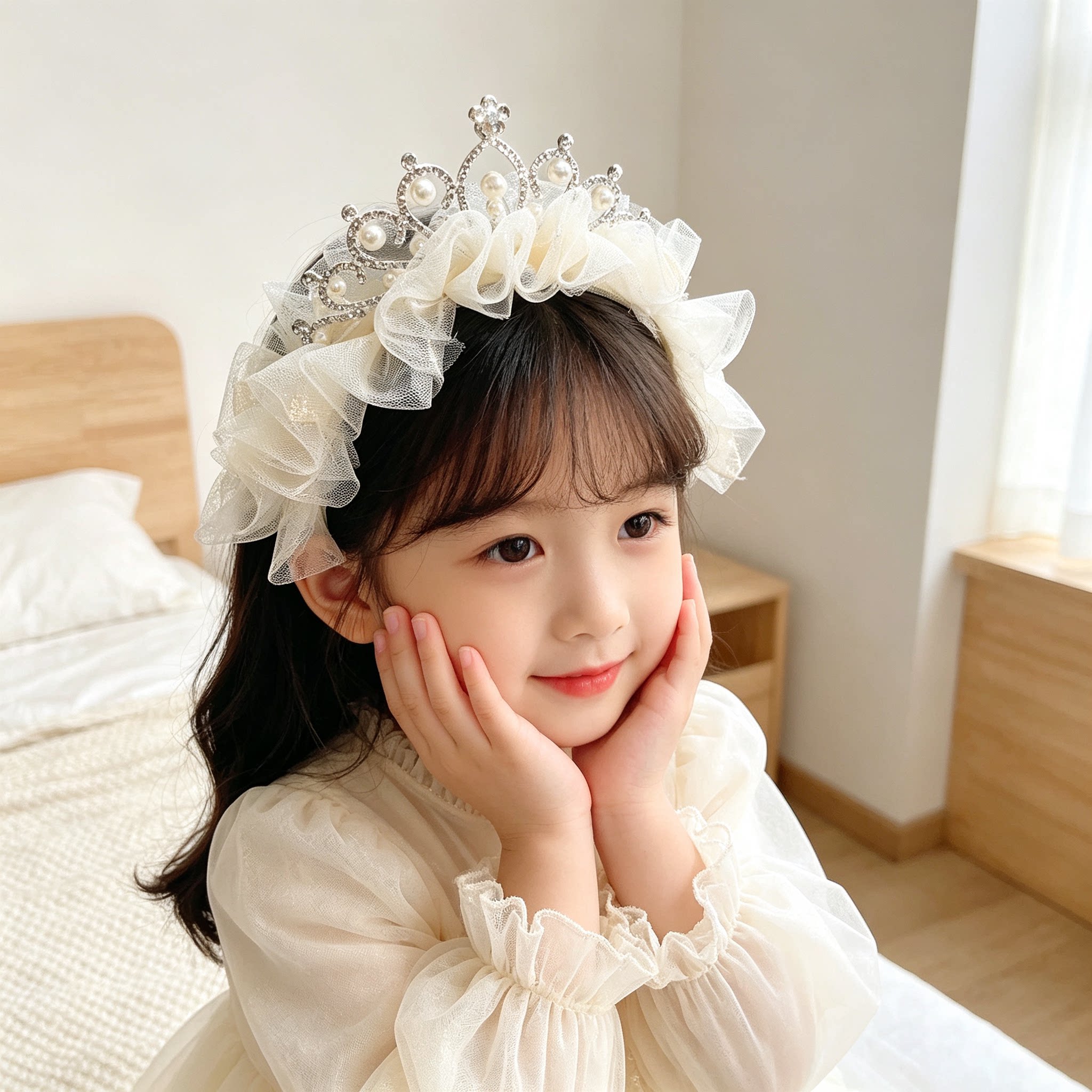 儿童新款皇冠网纱发箍女童珍珠公主头箍女孩生日拍照礼服头饰发饰图片