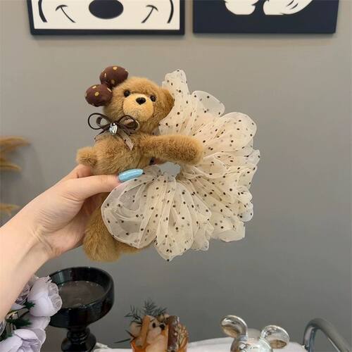 毛绒小熊波点大肠发圈少女可爱头绳 ins风甜美丸子头发饰扎发皮筋