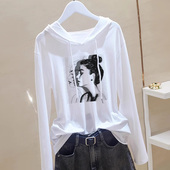 遮肚显瘦外穿白色打底内搭上衣春 连帽t恤女宽松大码 新款 纯棉长袖