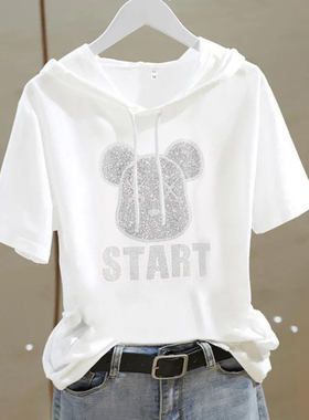 重工烫钻T恤潮牌宽松连帽上衣胖mm大码短袖体恤2025年夏季新款 女