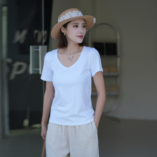 v领纯棉短袖t恤女夏天小众老钱风体恤显瘦百搭修身高端休闲上衣潮