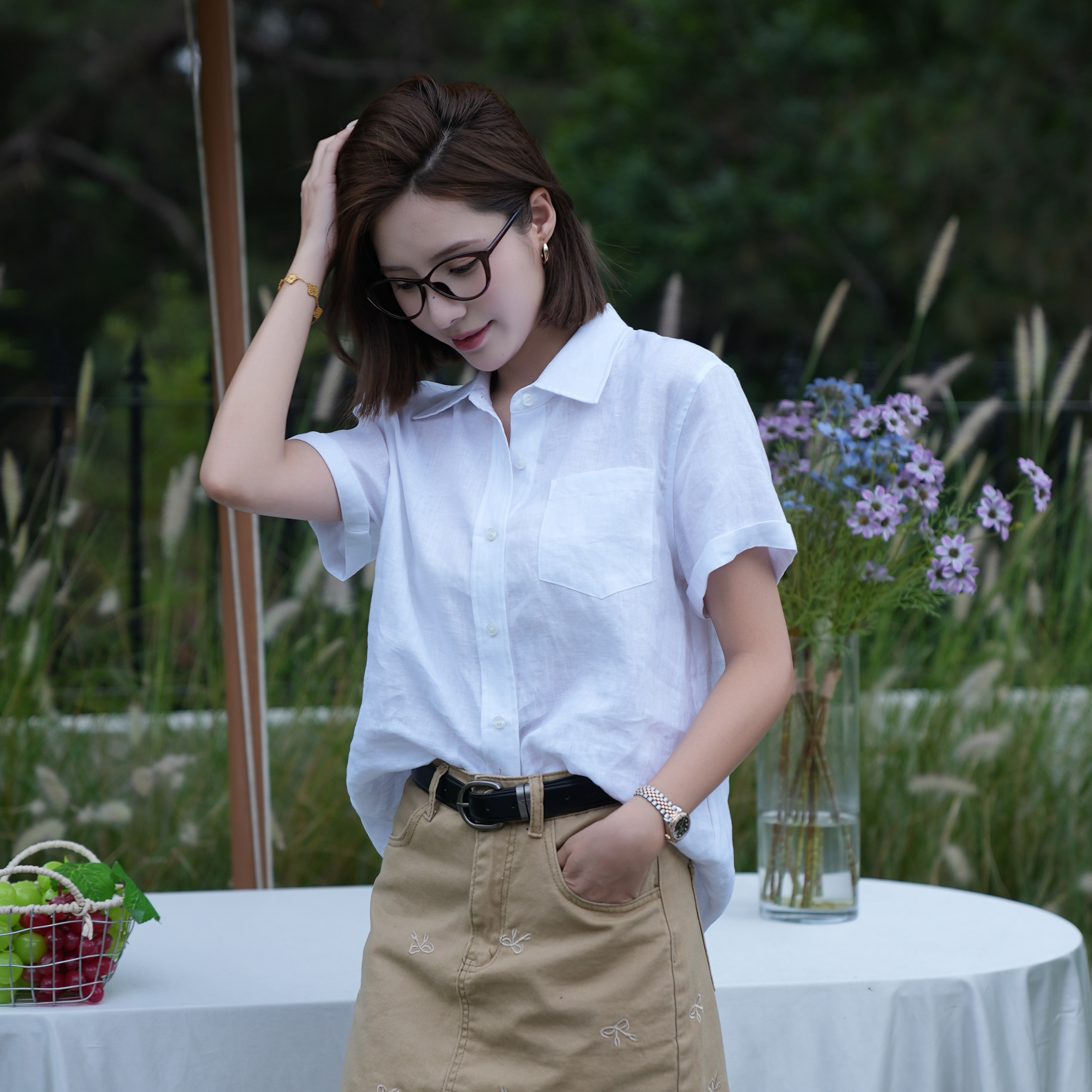 老钱风天丝亚麻短袖衬衫女款夏天图片