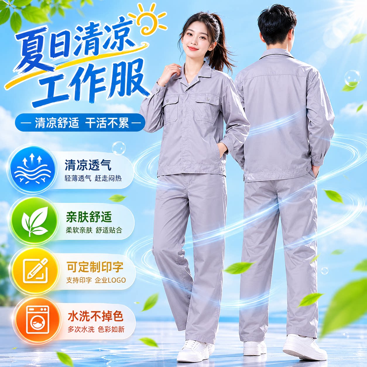 夏季薄款纯棉男工作服套装定制图片