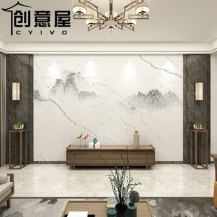 新中式 电视背景墙壁纸大理石纹山水壁画客厅沙发墙纸影视墙壁布