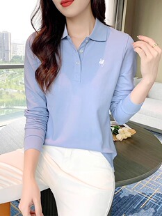 薄款 纯棉正肩休闲翻领长袖 t恤女士2025年秋季 新款 上衣 轻奢polo衫