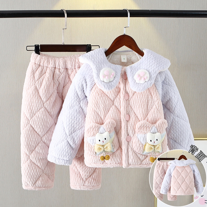 三层夹棉加绒新款女孩冬季睡衣