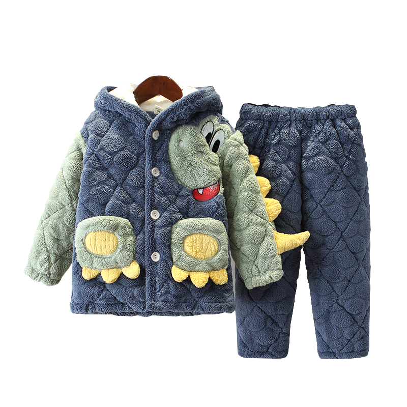 儿童睡衣男童男孩冬季三层夹棉加厚款加绒珊瑚绒小孩法兰绒家居服