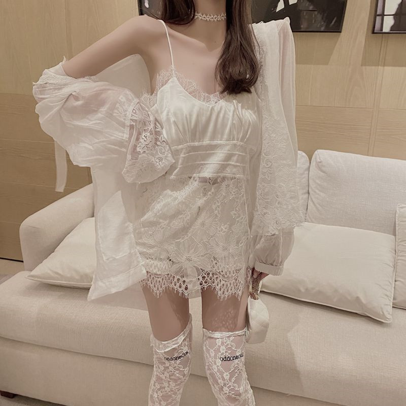 小香风炸街蕾丝防晒外套套装女设计感小众性感低胸吊带连衣裙两件