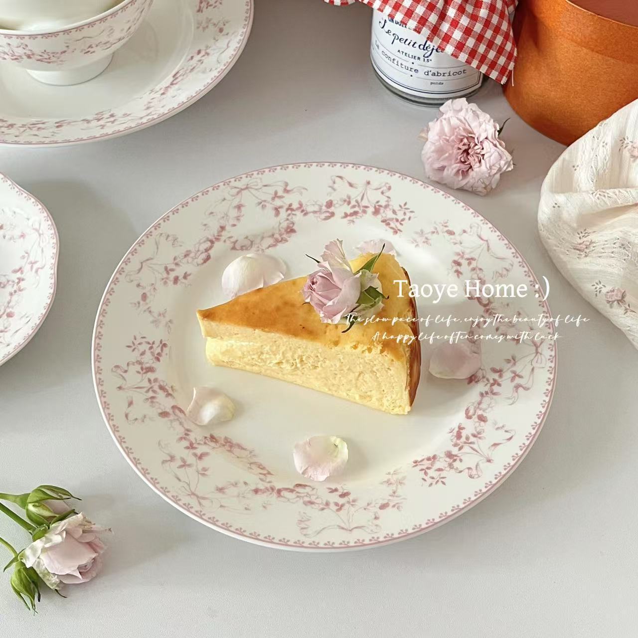 法式水粉蝴蝶结陶瓷甜品盘中古餐具饭碗汤盘家用菜盘早餐西餐ins