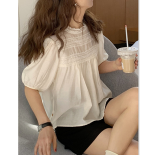 蕾丝雪纺衫 女夏季 t恤设计感法式 上衣 泡泡袖 独特别致甜美短袖 衬衫