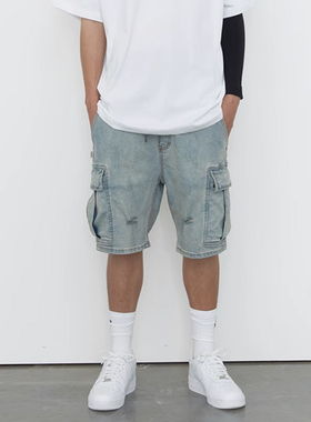 ＜XMXX＞fairplay洗水做旧 街头工装休闲 弹力宽松五分牛仔短裤