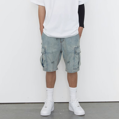 ＜XMXX＞fairplay洗水做旧 街头工装休闲 弹力宽松五分牛仔短裤