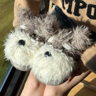 潦草狗棉拖鞋冬季女可爱ins风卡通室内保暖厚底毛毛拖鞋2025新款