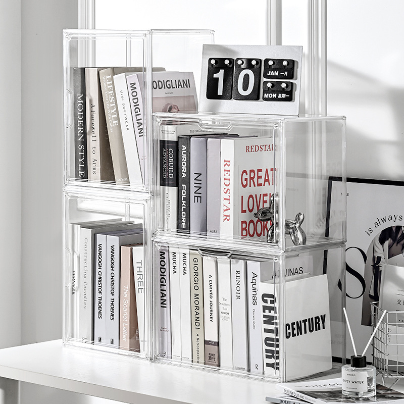 透明亚克力学生书本收纳盒侧边磁吸盖防潮密封置物架书籍整理收纳