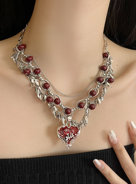 日系CoopKoop甜酷辣妹风红色爱心流苏项链女哥特朋克个性锁骨