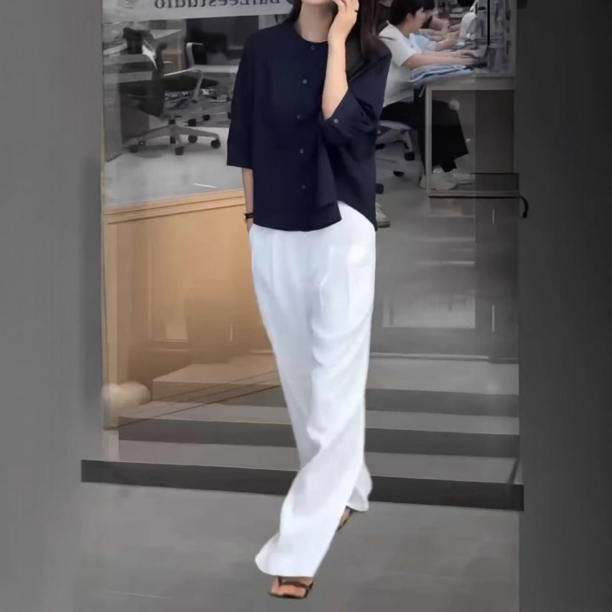 日系coopkoop夏季新款简约圆领七分袖衬衫宽松阔腿长裤女
