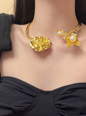 日系coopkoop欧美重工立体珍珠花朵山茶花项圈中古风轻奢高级感