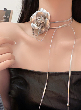 日系coopkoop小香风银色山茶花系带项链法式银立体花朵腰链个性