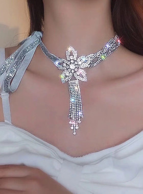 日系CoopKoop镶钻高级项链女花朵流苏欧美奢华颈链锁骨链蝴蝶结