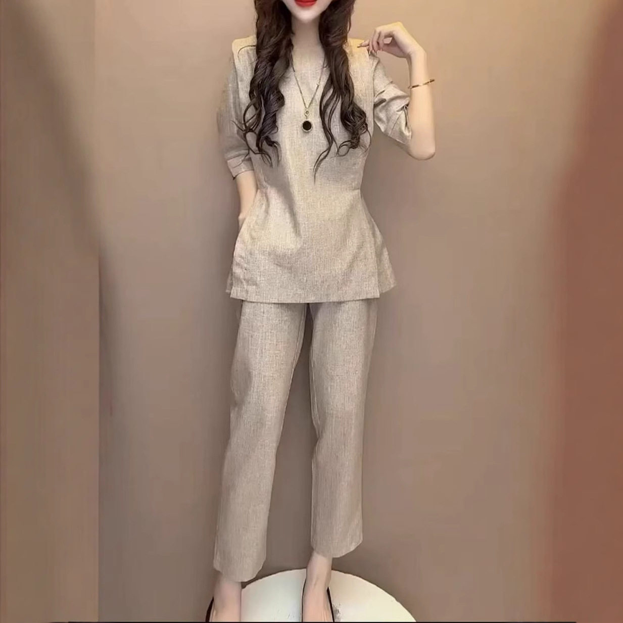 日系coopkoop夏季新款圆领开叉遮肚色套装九分裤显瘦女
