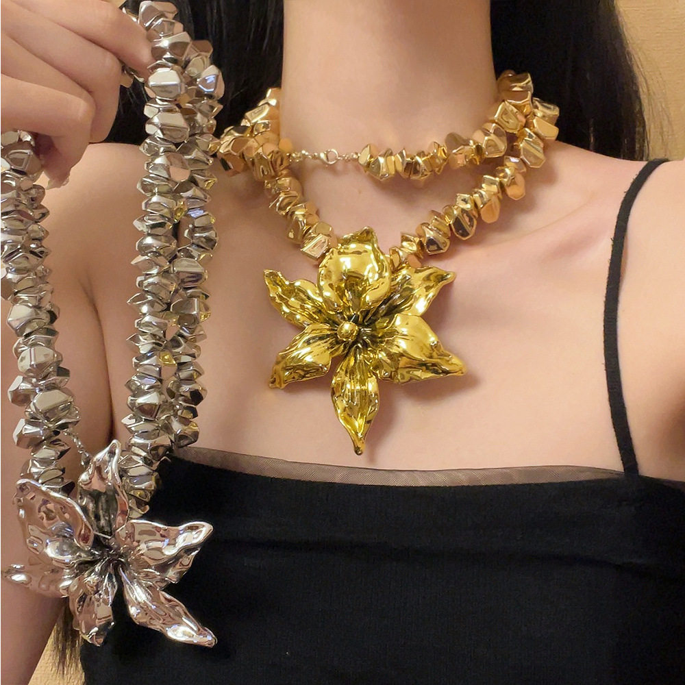 日系coopkoop欧美重工金属百合花项链小众长款串珠颈链个性时髦