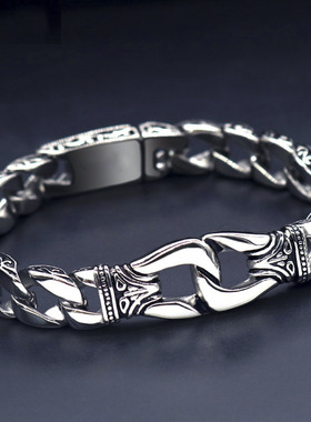 日系coopkoop男士复古图腾手环双扣银手链欧美个性潮男手镯学生