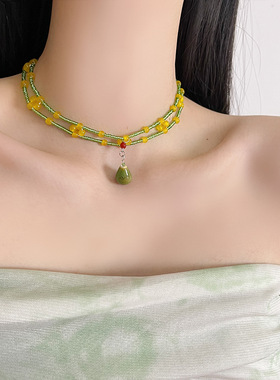 日系CoopKoop原创设计复古绿陶瓷串珠项链女新中式显白气质