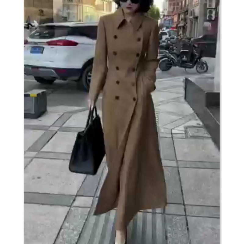 日系coopkoop秋冬新款翻领长袖双排扣长款风衣外套显瘦女