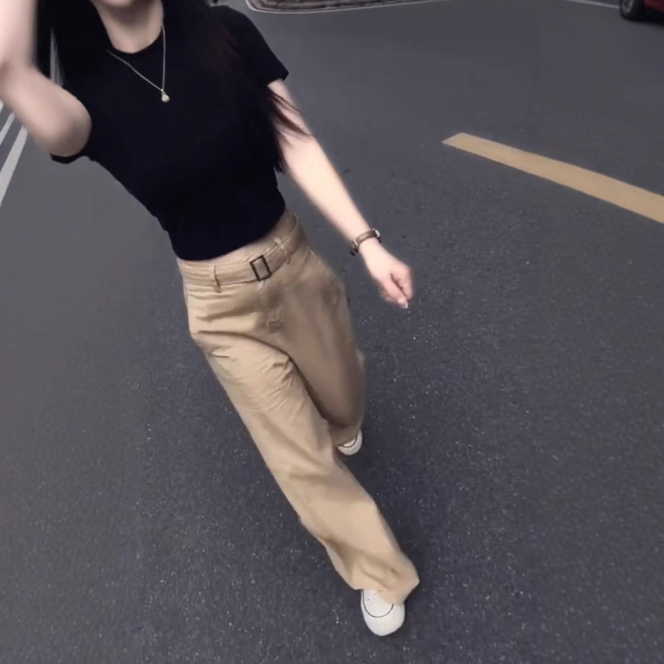 日系coopkoop夏季新款色修身短袖t恤高腰直筒长裤洋气女