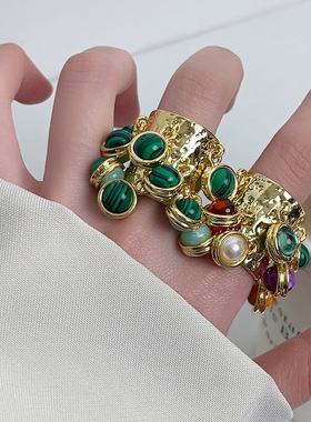 日系coopkoop欧美小众复古宫廷宝石戒指孔雀石琉璃吊坠高级流苏