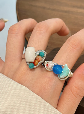 日系coopkoop新中式手工串珠原石开口叠搭指环戒女 ins百搭冷淡